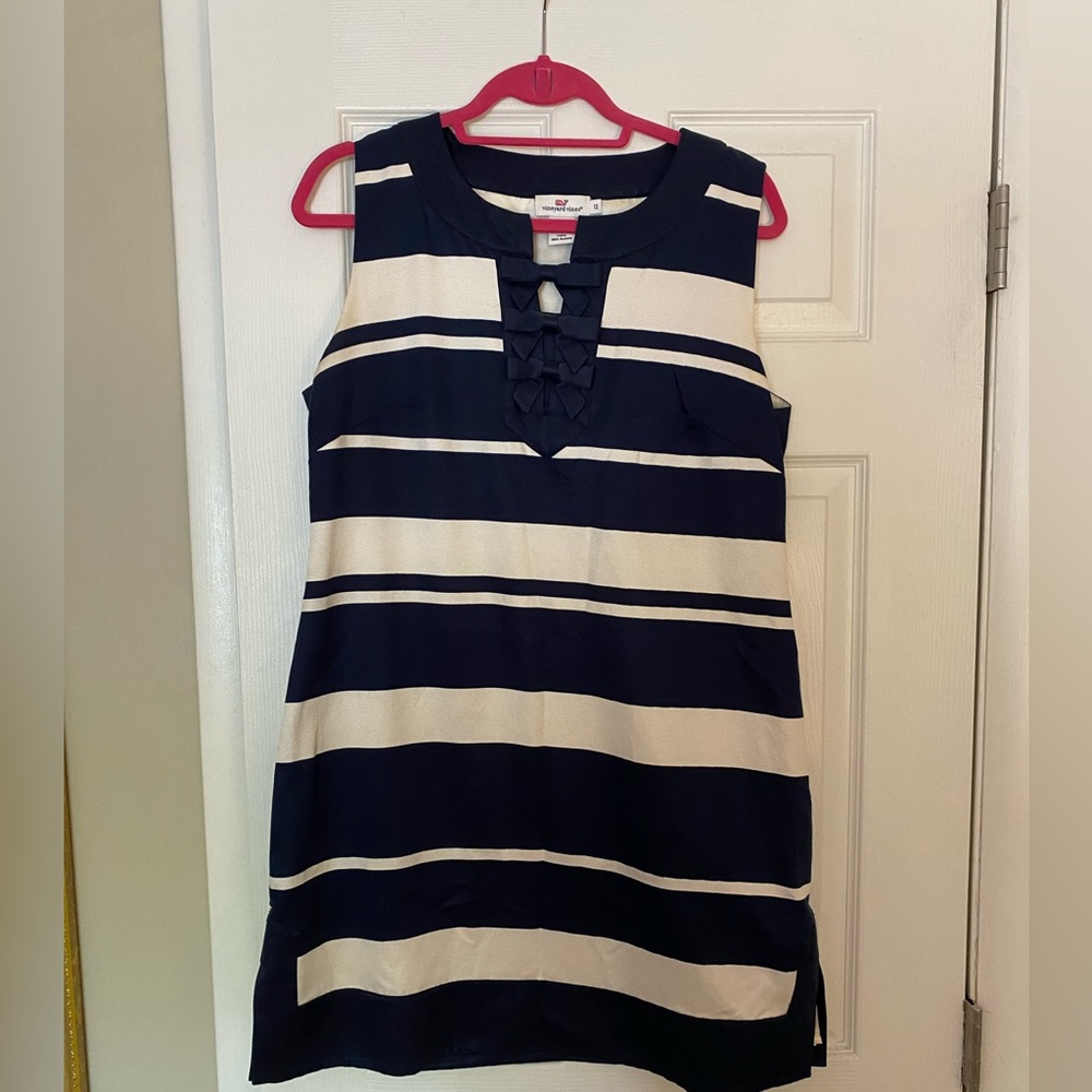 Vineyard Vines Navy Striped Bow Neck Silk Dress